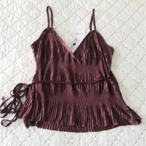Zara Burgundy satin metallic Pleated Camisole belted tie Top